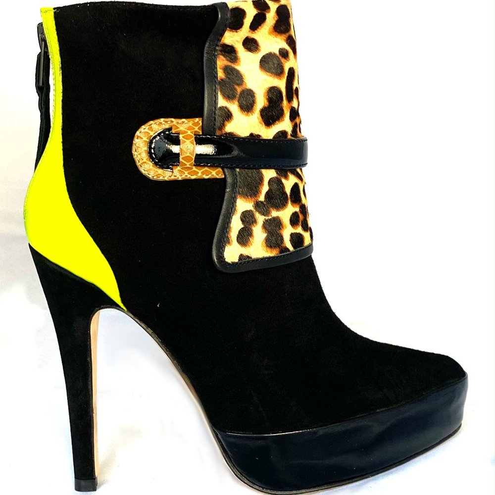 Cheryl-leopard/lime green suede and patent leather platform ankle bootie
